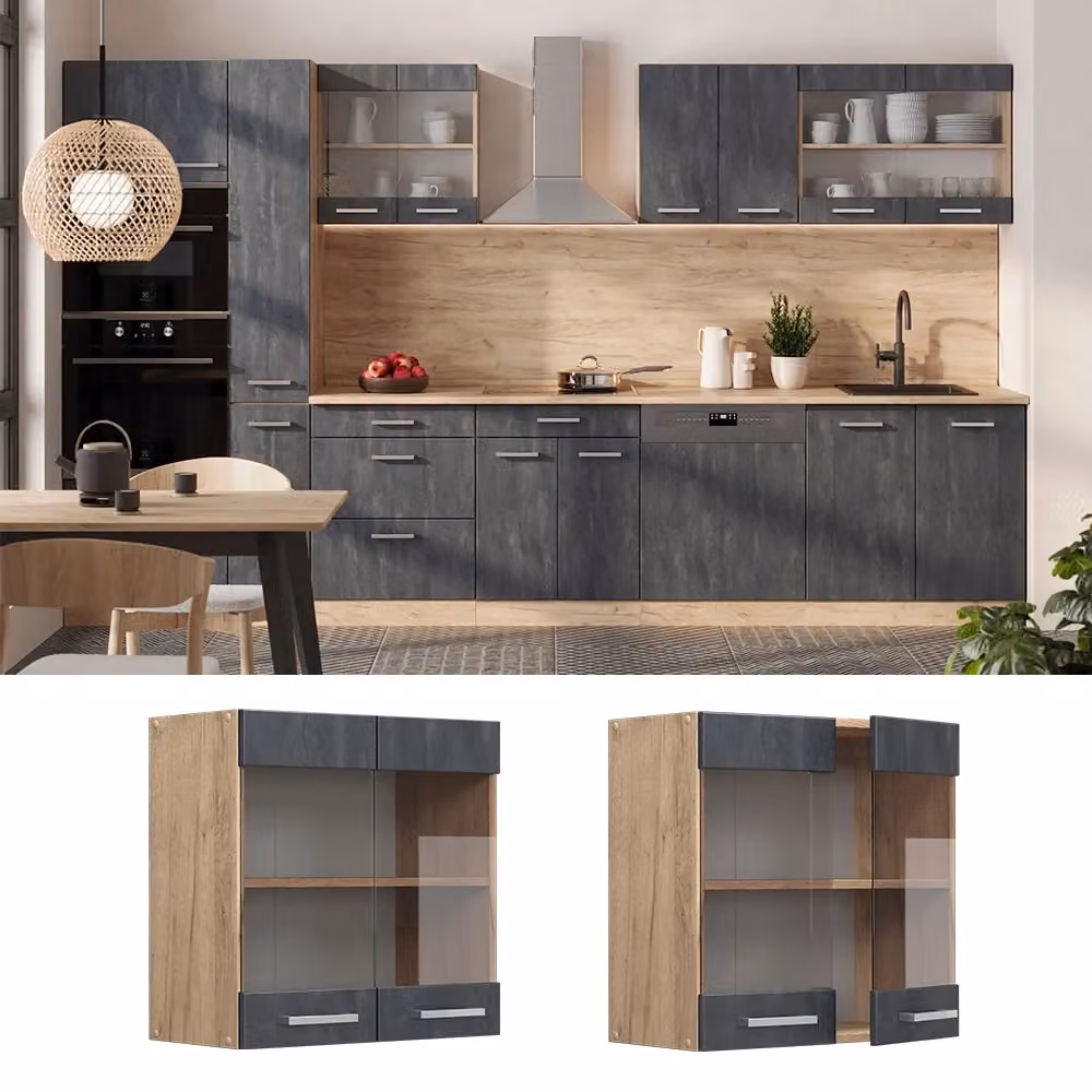 Pensile da cucina moderno Vicco R-Line con ante in vetro, colore nero e rovere dorato, L: 60 cm – 2