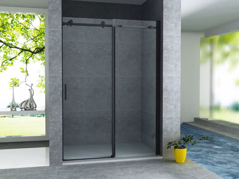 Porta scorrevole in vetro trasparente, modello Aloni, dimensioni 120x200 cm, finitura nera opaca