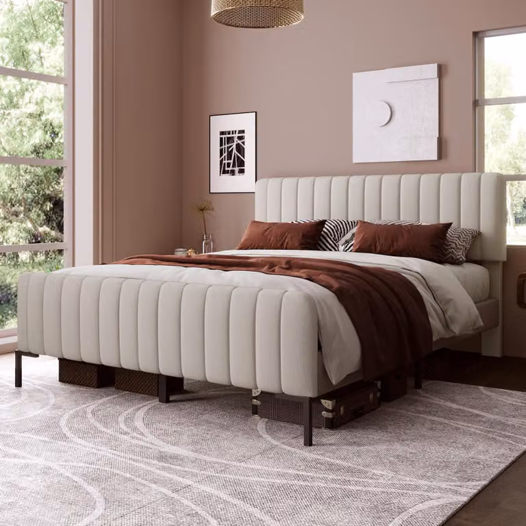 Letto imbottito STILVORA 140x200cm per ragazzi con rete a doghe e testata regolabile, letto matrimoniale a righe verticali e rete a doghe, grigio-beige (con materasso)