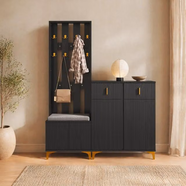 Set ingresso con scarpiera e panca; appendiabiti con ganci; nero; in truciolare