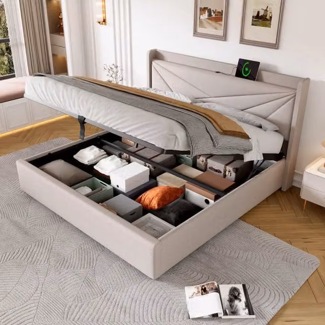 Letto Contenitore REDOM Beige con porte USB e USB-C, L/P: 160 x 200 cm, H: 208 cm – 1