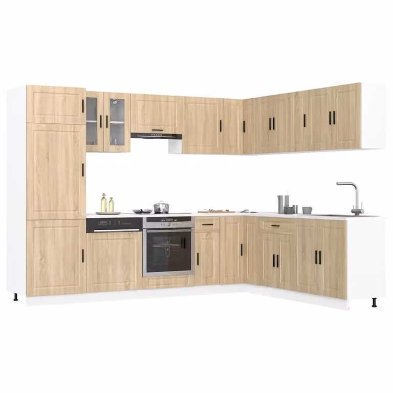 Set di mobili da cucina moderno vidaXL composto da 14 pezzi in finitura rovere con dettagli beige e marrone