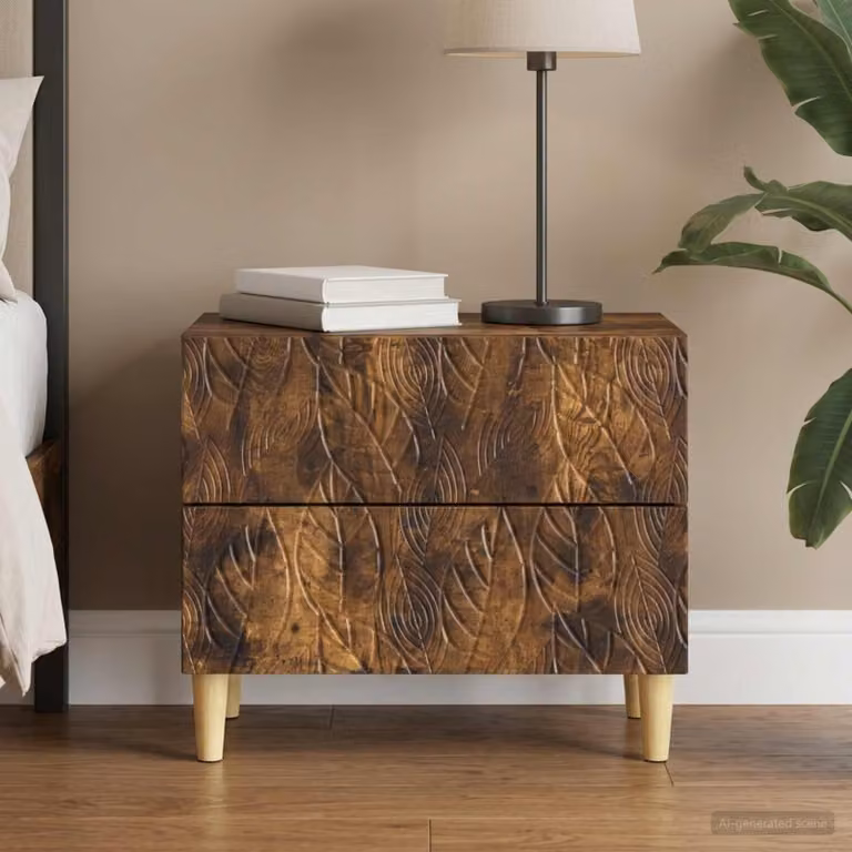 Comodino moderno vidaXL in legno ingegnerizzato e legno di eucalipto, colore marrone, L 62 cm x P 34,5 cm x H 48 cm