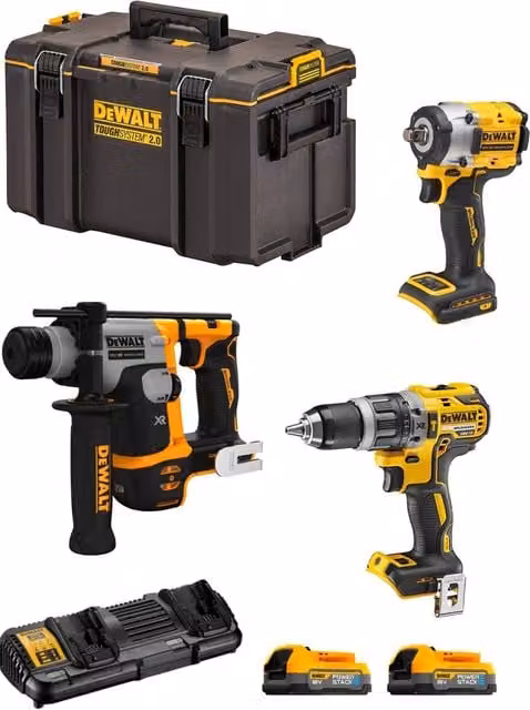 Kit DeWALT DWK306PS con Perforatore DCH172, Avvitatore a Impatto DCF921, Trapano Avvitatore DCD796 e 2 Batterie da 1,7 Ah con Caricabatterie DCB132 e Valigetta DS400, Giallo