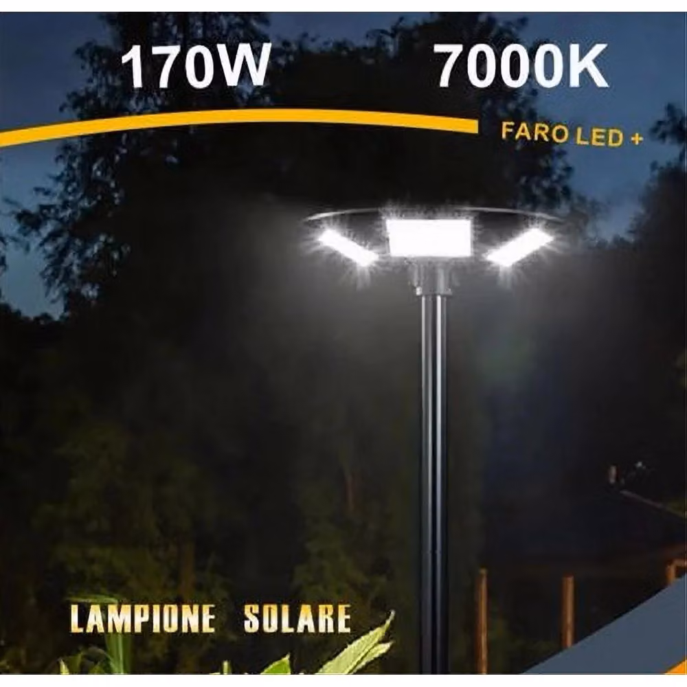 Trade Shop Lampione Led Solare con Pannello, Sensore di Movimento e Telecomando, IP65, Colore Nero, Luce Bianca Fredda 7000K – 2