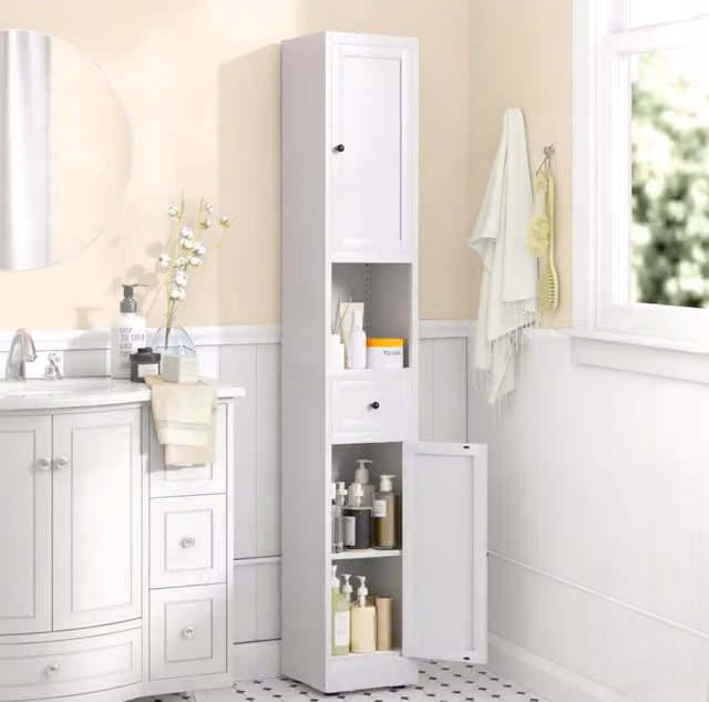 Armadio stretto bianco in metallo, 5 ripiani e 2 ante, 180,34 × 30 × 30 cm