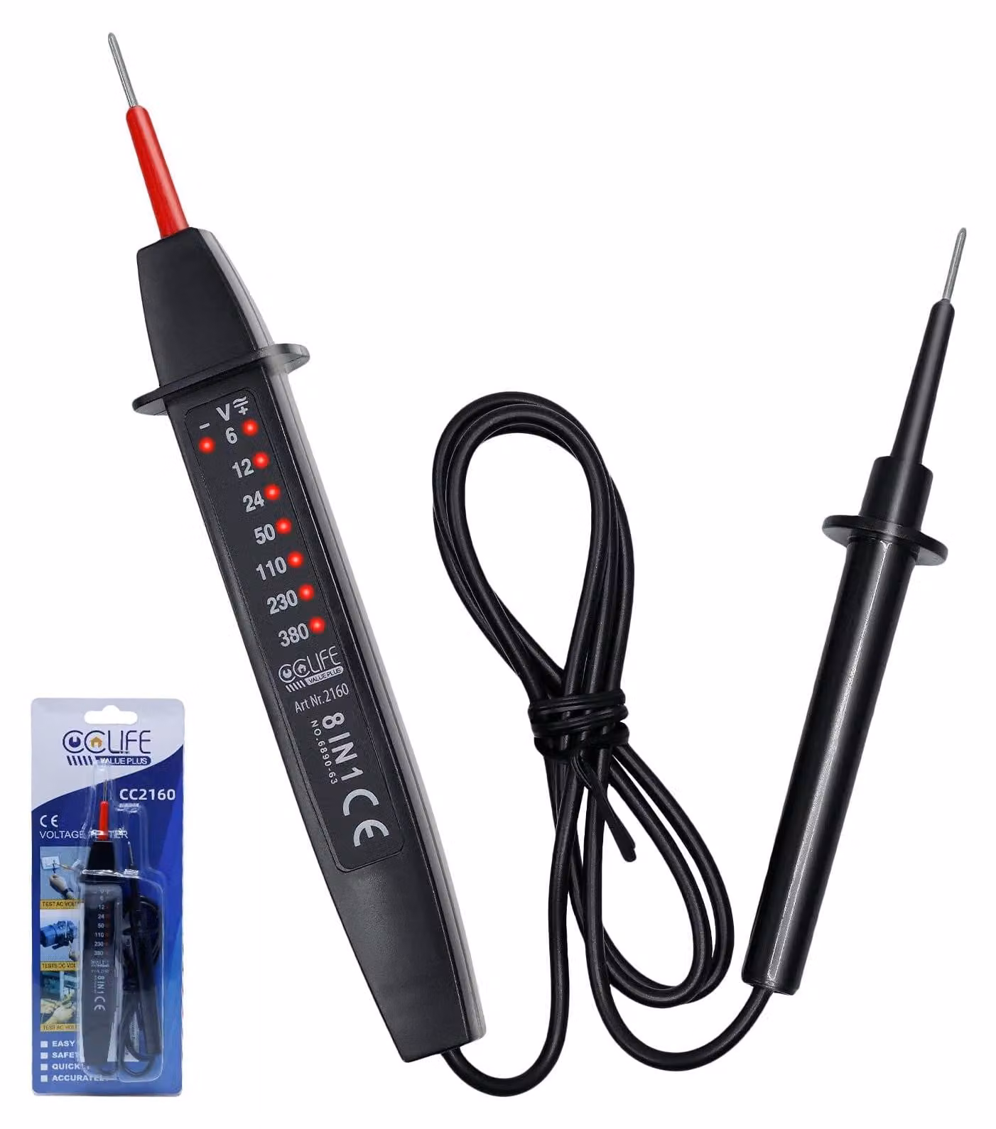 Tester di tensione a 2 poli, da 6 a 380V AC/DC, con display a LED
