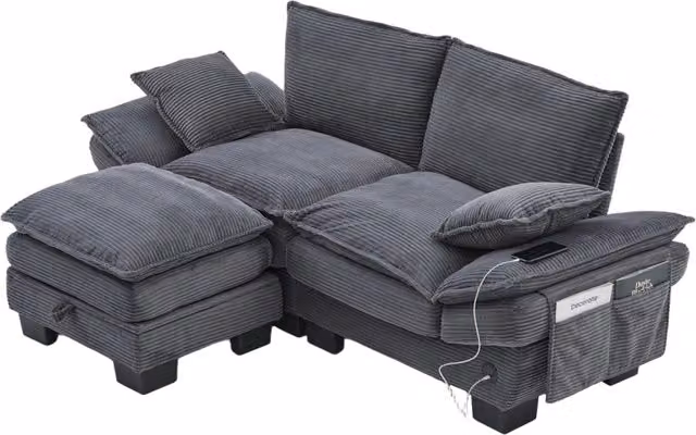 Divano modulare Chicfurn a L da 2 posti con contenitore, ricarica USB e tasche laterali in velluto a coste grigio, L/P/H: 190 x 132 x 84 cm – 1