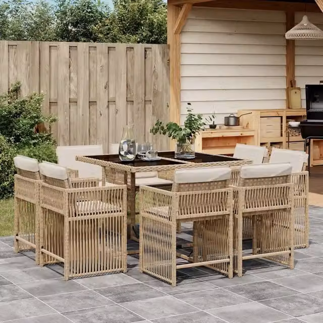 Set da Pranzo da Giardino 9 pz con Cuscini Beige in Polyrattan 3211738