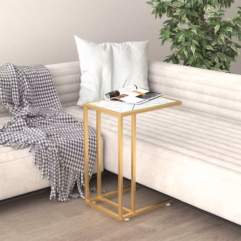 vidaXL Tavolino per Computer Moderno con Piano in Marmo Bianco e Vetro Temperato, Colore Bianco e Oro, L/P/H: 50 x 35 x 65 cm