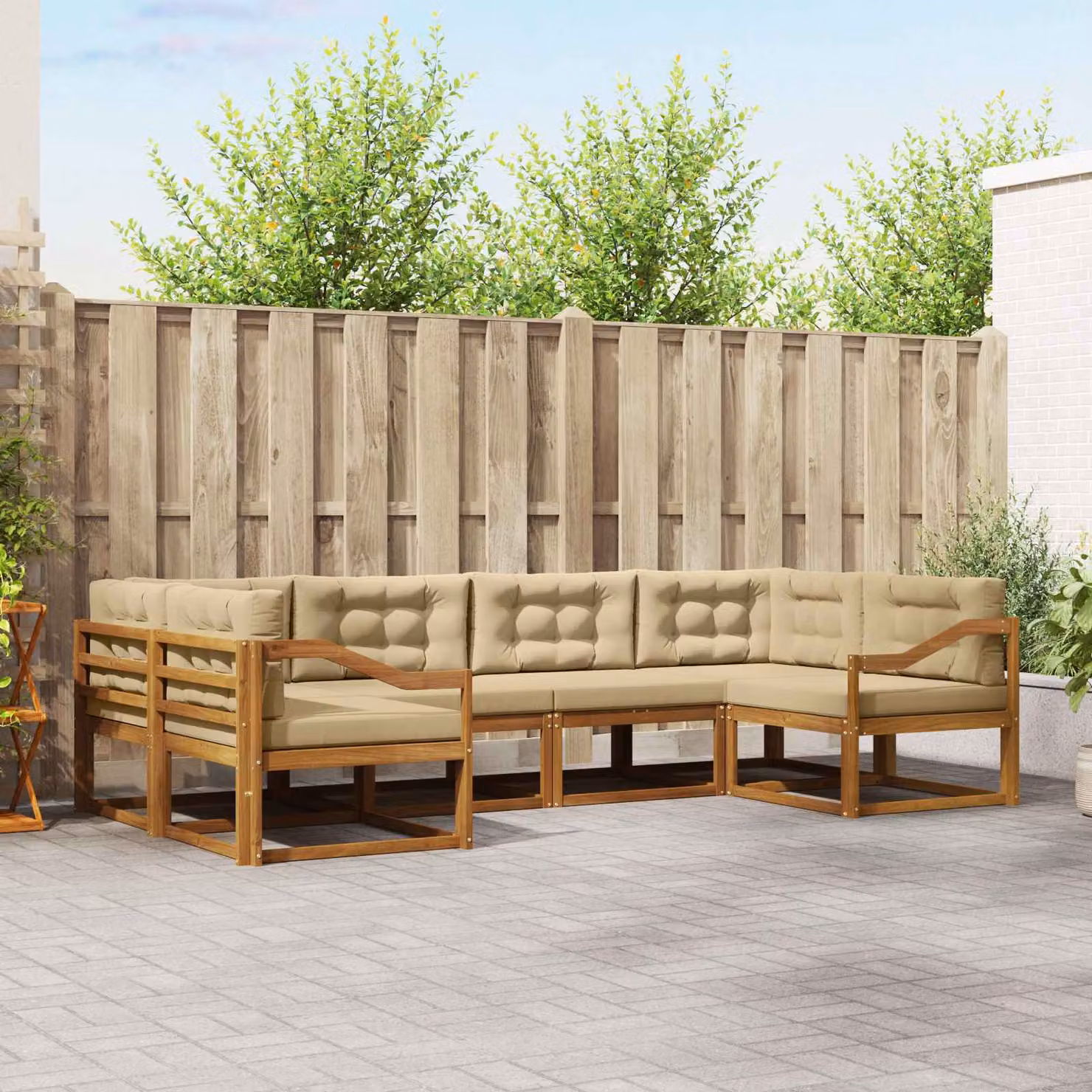 Set di divani da esterno vidaXL a forma di L composto da 6 pezzi in legno di acacia con cuscini beige e marrone