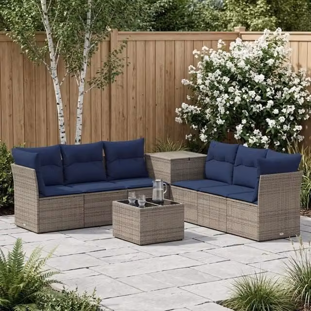 Set di divani da giardino vidaXL in polyrattan con cuscini e tavolino, Grigio e Blu Navy – 1