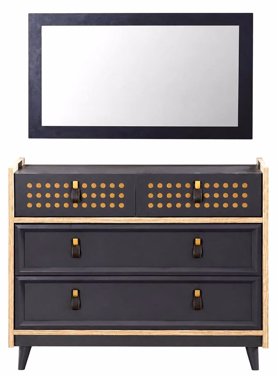 Comodino moderno, minimalista, grigio e beige, funzionale per la cameretta dei bambini