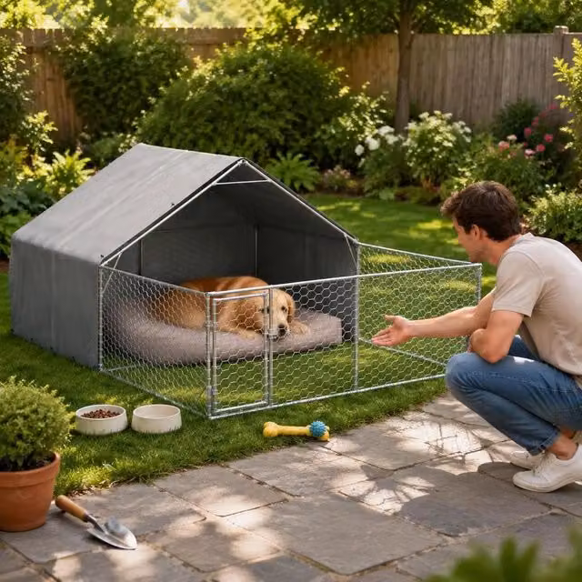 Cuccia Per Cani Da Esterno Con Recinto 5x3x1.9m Acciaio Zincato