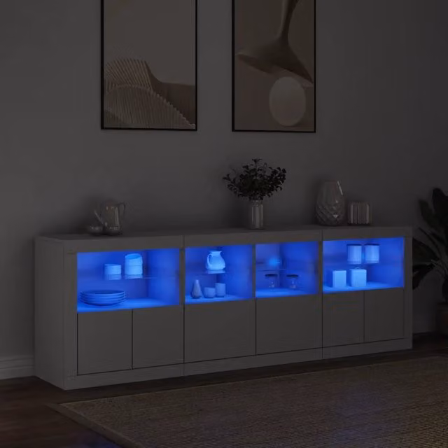 Credenza con Luci LED-Buffet-Armadio da cucina Bianca 202x37x67 cm