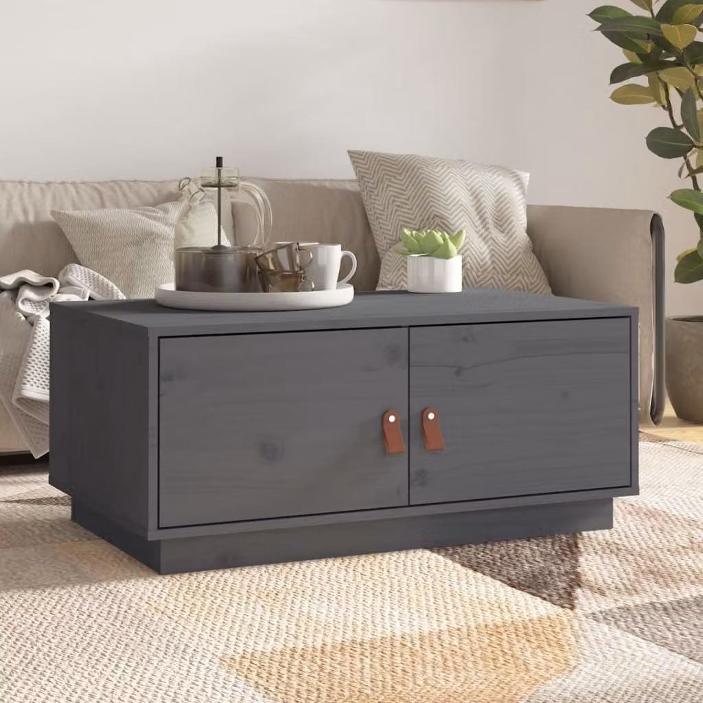 The Living Store Tavolino grigio 80x50x35 cm in legno di pino massiccio