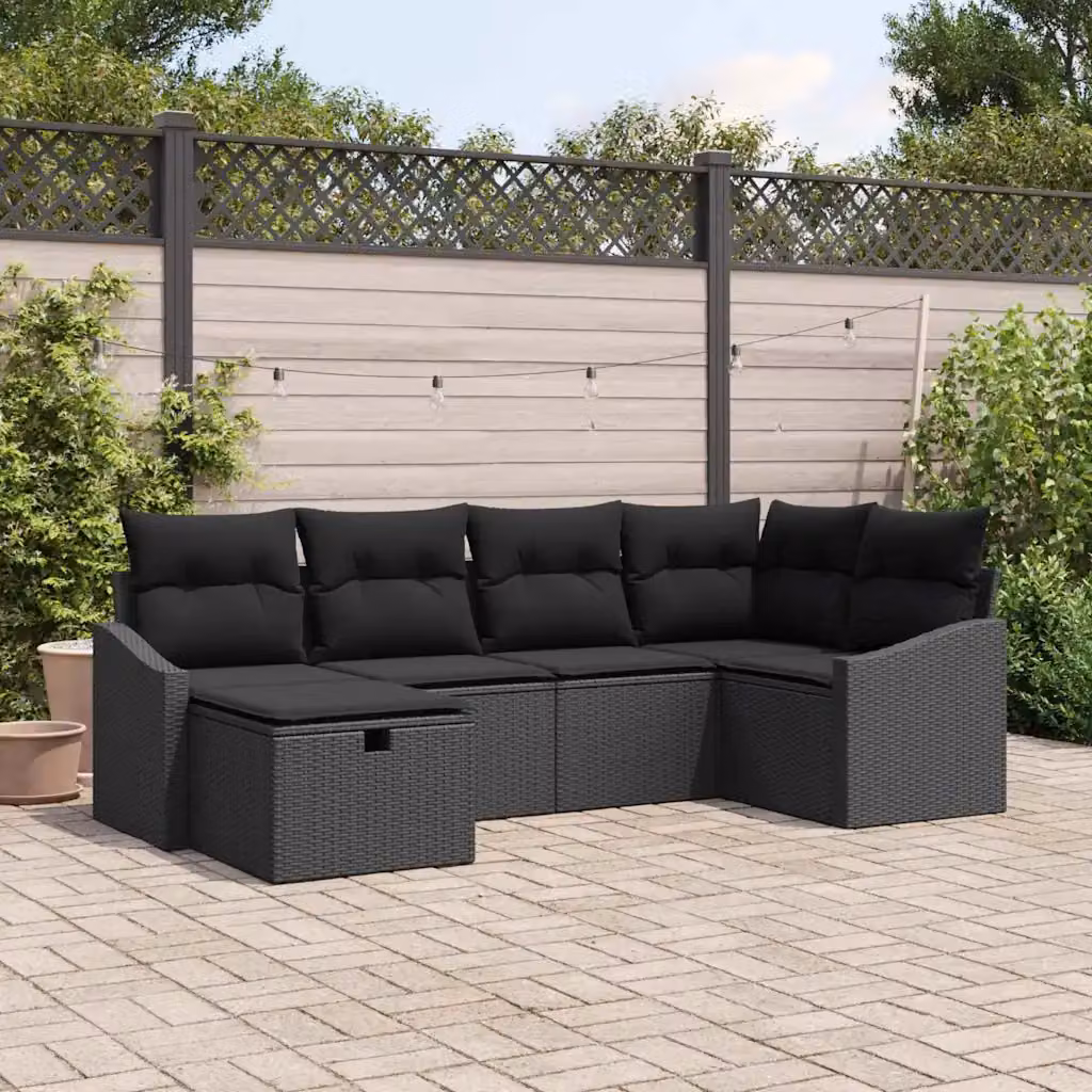 Set di divani da giardino vidaXL a forma di L in rattan nero con cuscini e pouf, struttura in acciaio verniciato a polvere – 1