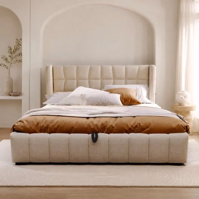 Letto matrimoniale imbottito contenitore 180x200 cm con rete a doghe; tessuto di lino beige