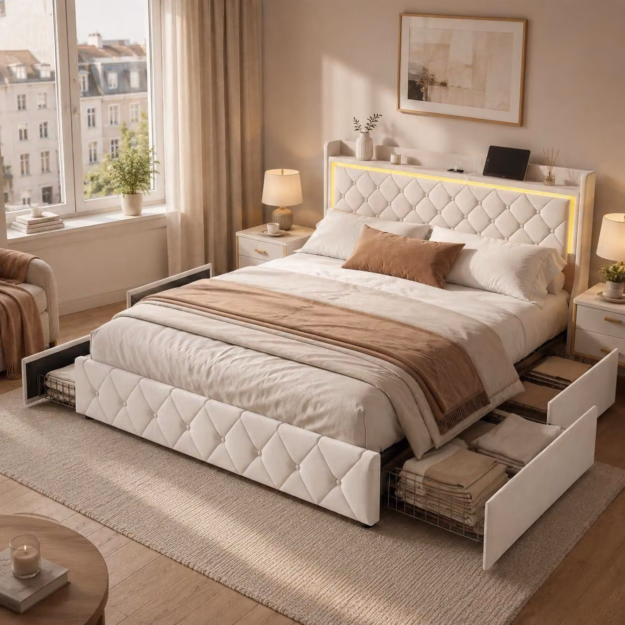 Letto imbottito matrimoniale INONEFT, 160x200 cm, struttura letto per ragazzi con illuminazione a LED, 4 ampi cassetti e robusta struttura in metallo, colore bianco