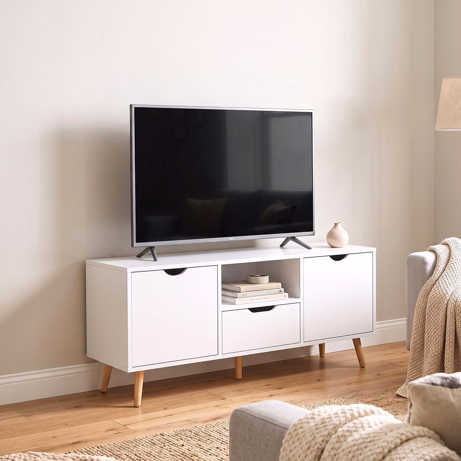 Mobile Porta TV HOMCOM Moderno con Cassetto, Ripiano Aperto e Armadietti, Bianco e Legno, L 110 x P 40 x H 50 cm – 2