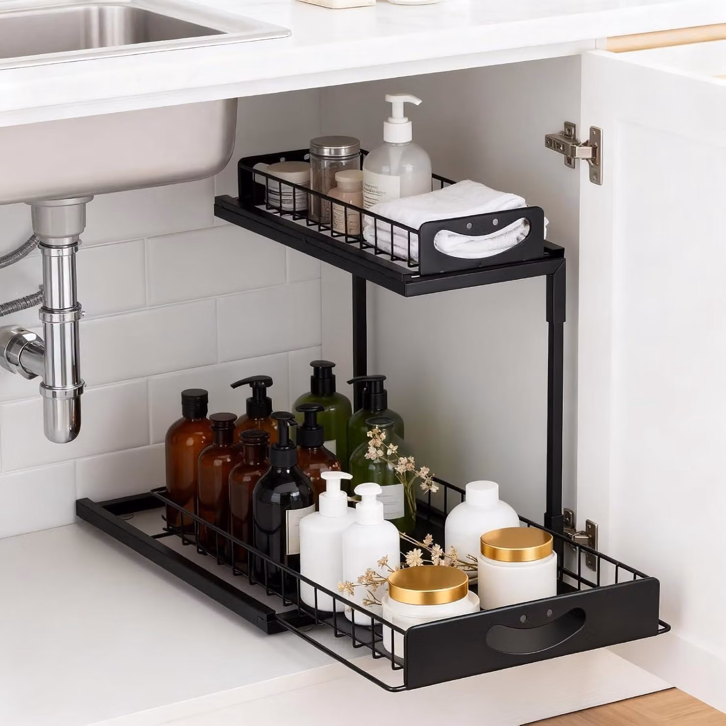 Organizzatore per cucina con 2 ripiani, in metallo, con cassetto estraibile, confezione singola, per l'uso in cucina