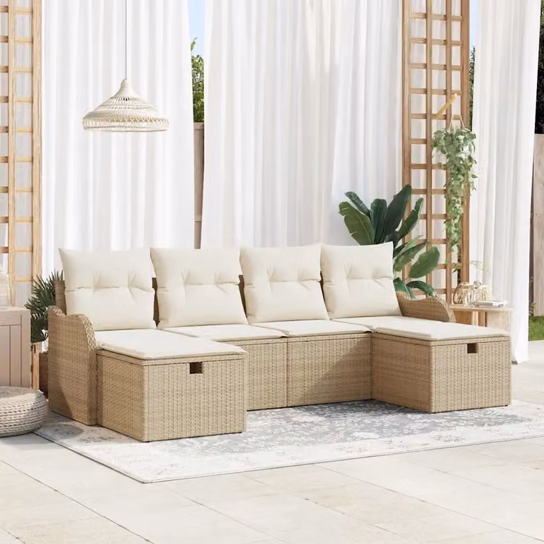 Set di divani da giardino vidaXL a forma di U con 6 posti, colore beige e bianco, in rattan con struttura in acciaio verniciato a polvere e cuscini inclusi
