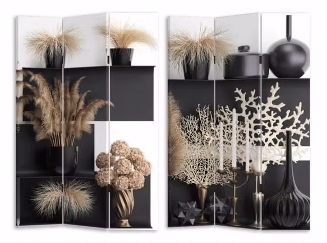 Paravento a 3 ante con stampa floreale di Vacchetti, colore nero, L: 120,6 cm, P: 2,5 cm, H: 180 cm