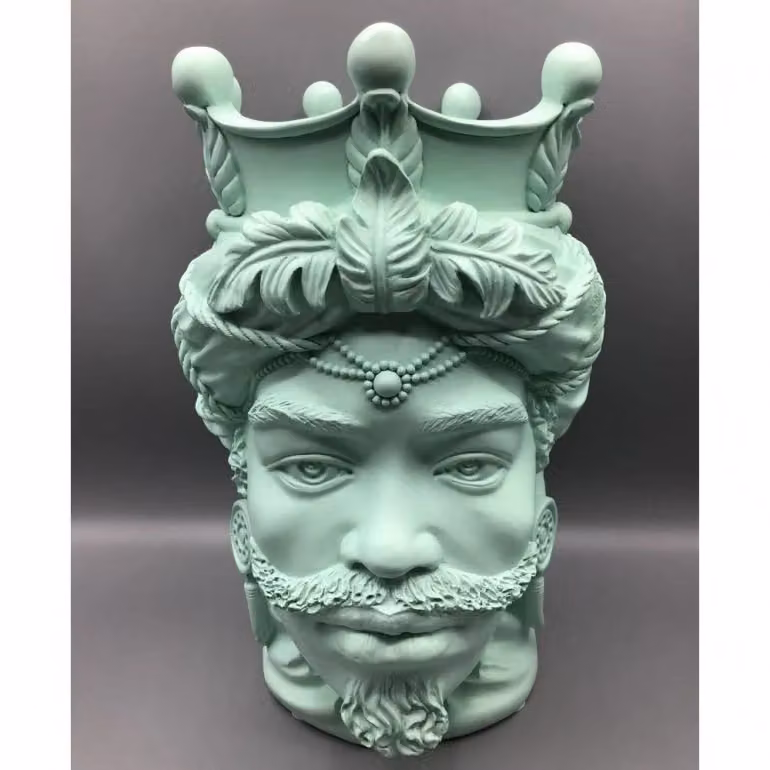 Coppia di Vasi Teste di Moro Ezooza in Resina colore Verde, Altezza: 28 cm – 2