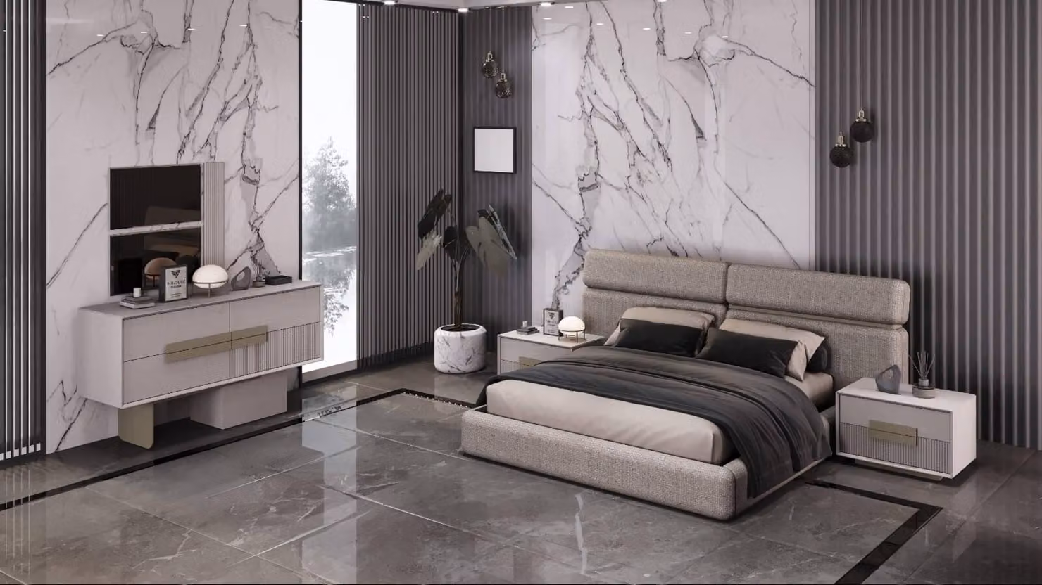 Letto moderno con morbida testiera ed eleganti comodini.