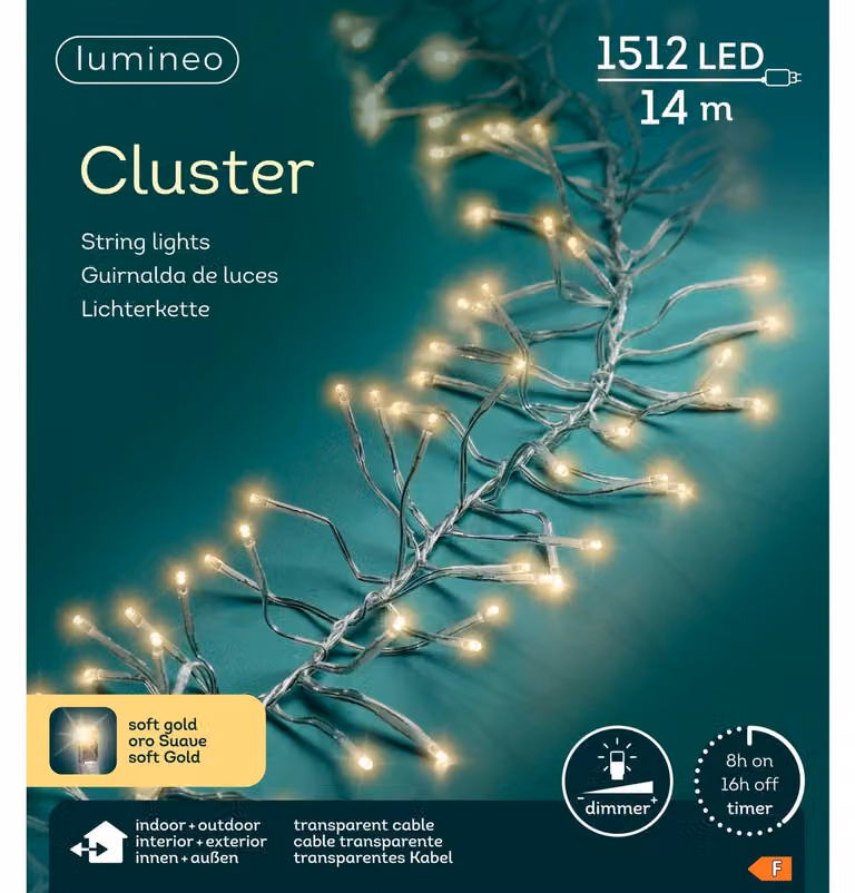 Catena luminosa Lumineo CLUSTER 1512 LED, 14 metri, colore oro tenue, cavo trasparente