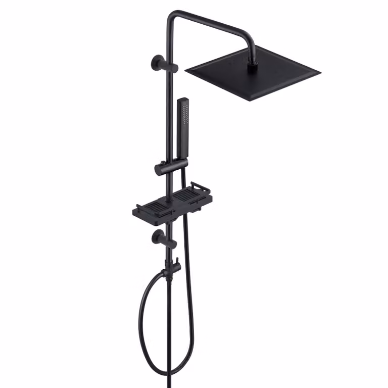 JOHO Nero Colonna Doccia Acciaio Inox Senza Miscelatore Regolabili Asta Doccia Soffione Doccetta Porta Ogetti Mensola Quadrato 25x25 cm