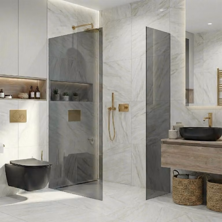 CERANO - Box doccia Walk-in Crystal T L/P - 8 mm - sistema senza montanti - vetro dorato e grafite - 160x130x200 cm
