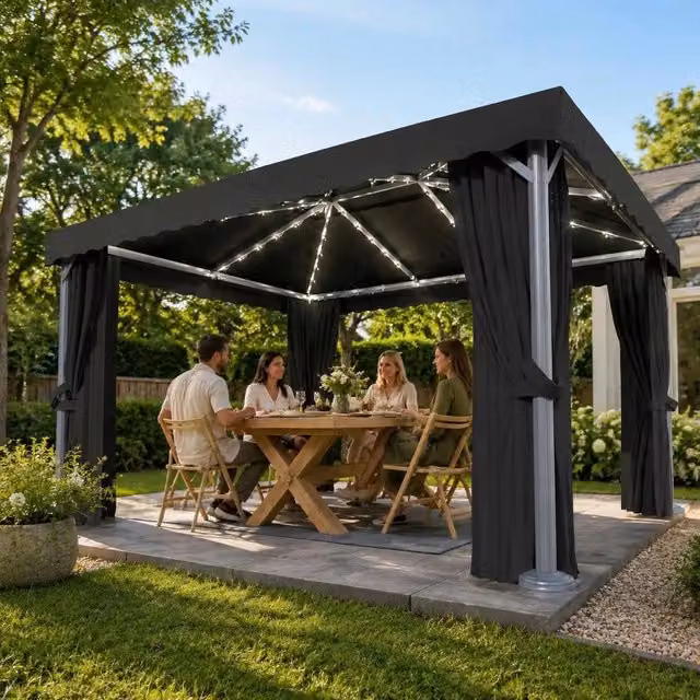 Pavilion With Curtains & LED String Lights 4x3 M Anthracite