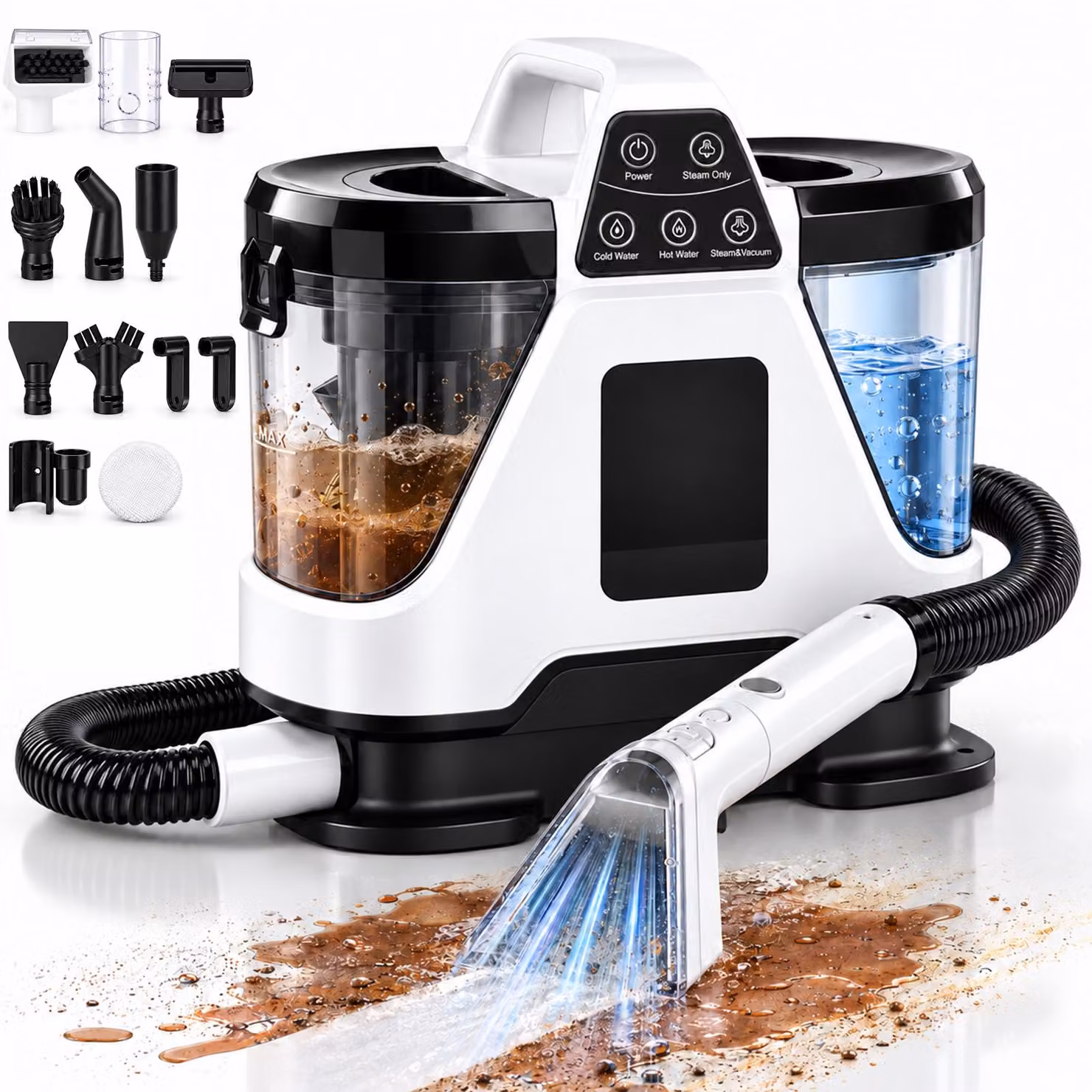Pulitore a vapore per tappeti da 1850W, 16KPA, pulitore per imbottiti con serbatoio doppio da 1.6L/1.1L, 8 accessori, funzione di autopulizia, ideale per tappeti, divani e auto