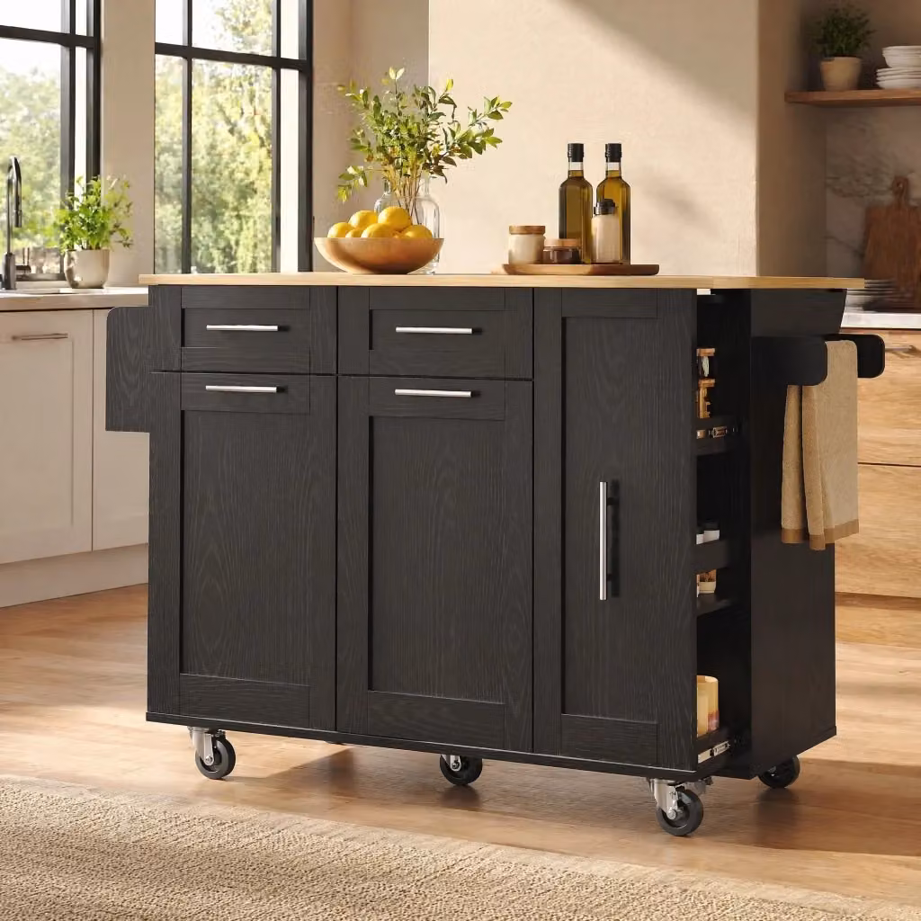 Tavolo Isola Cucina REDOM Nero in MDF e Metallo L: 110 cm, P: 46 cm, H: 90,5 cm – 2