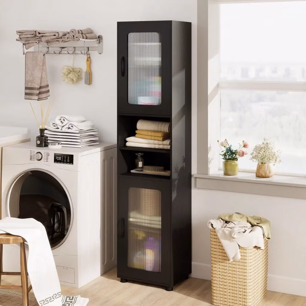 Mobile da bagno moderno nero con 2 ante a battente, scomparto aperto e ripiani interni in MDF – 2