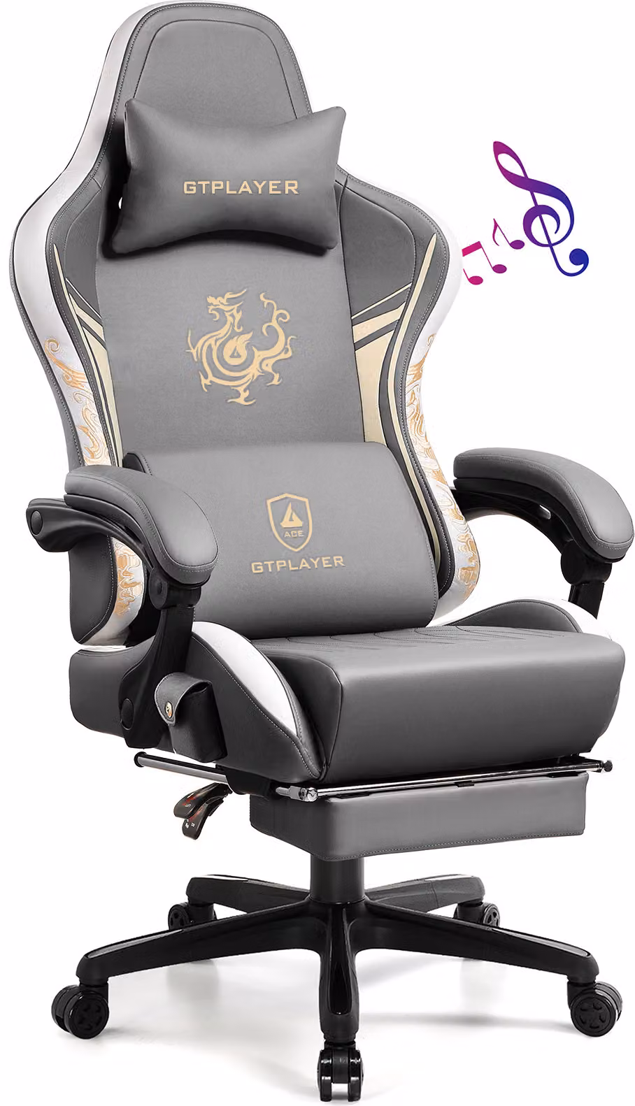 GTPLAYER Sedia da gioco Sedia da gioco con altoparlanti Bluetooth e poggiapiedi, sedia da ufficio della serie Dragon, sedia girevole ergonomica, sedia per computer grigia