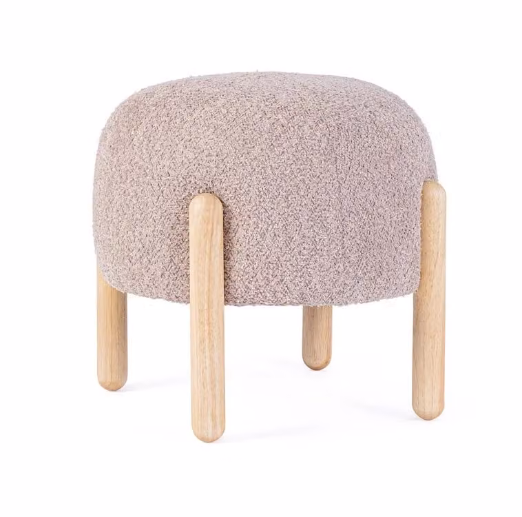Pouf DAYLA in tessuto rosa antico effetto bouclé e gambe in legno rubberwood