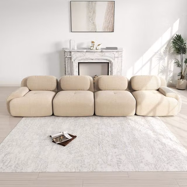 Divano 4 posti in velluto - Xylo - Imbottitura 32D, sottovuoto, modulabile, adatto animali, beige