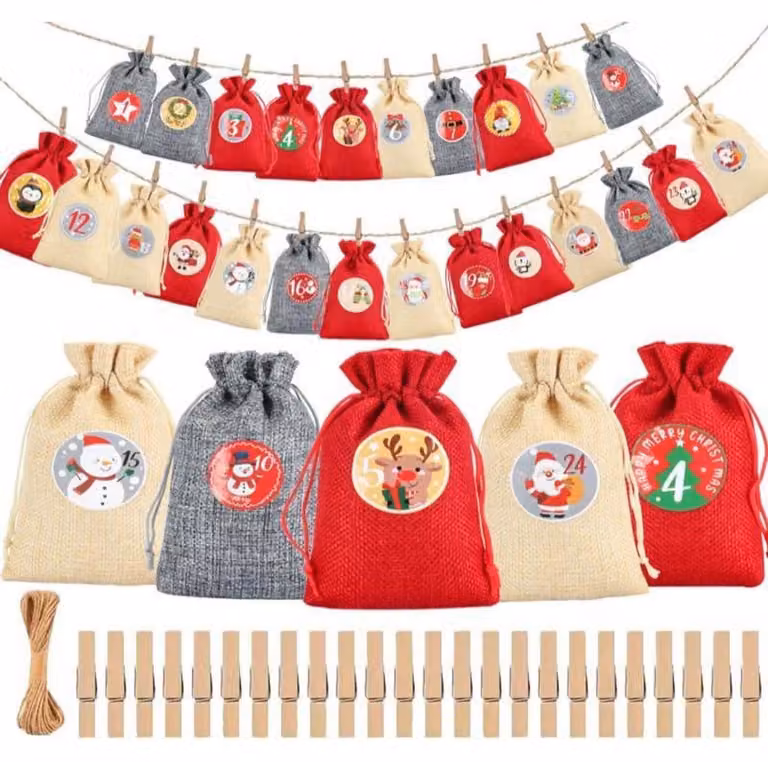 Calendario dell'Avvento da riempire, 24 sacchetti natalizi fai-da-te, grigio e rosso, 12x15 cm
