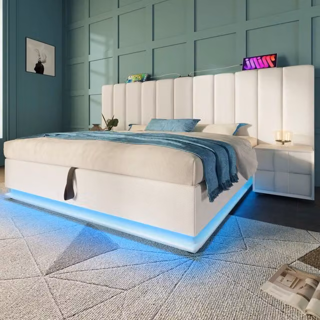 Letto matrimoniale 160x200 contenitore con apertura idraulica; LED e USB-C; imbottito in PU bianco