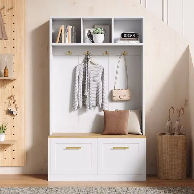 Set di mobili da ingresso con panca e vano portscarpe in MDF e pannelli di particelle naturale e bianco 105 × 40 × 180 cm