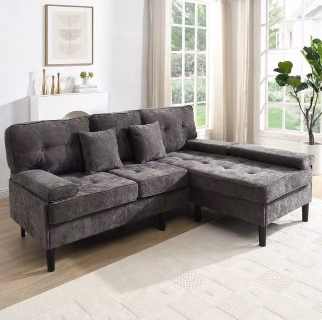 Divano 3 posti 195x149x86 cm con pouf mobile e chaise longue modulare in ciniglia grigio antico