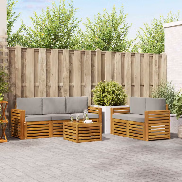 Set di divani da esterno a L vidaXL in legno di acacia con tavolino e cuscini, 6 pezzi, Beige e Grigio