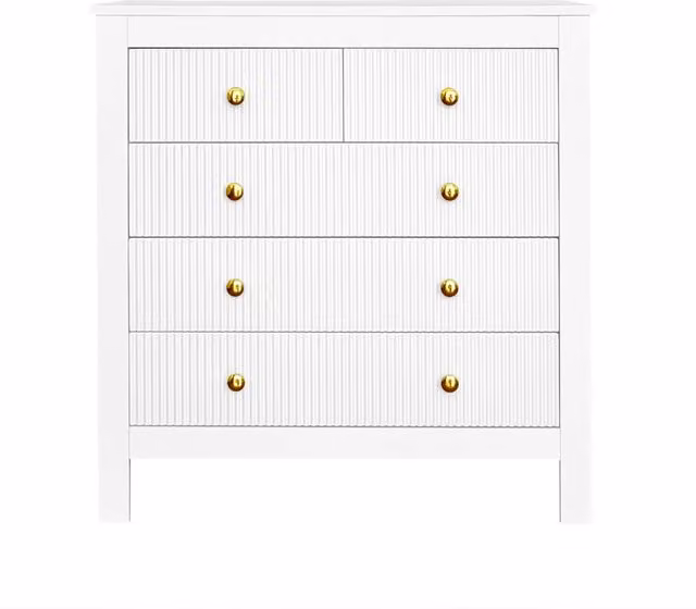Comò bianco con 5 cassetti, maniglie dorate, struttura stabile in pannelli truciolari, dimensioni 79x80,5x39,5 cm
