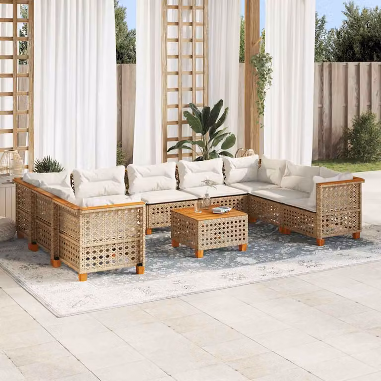 vidaXL Set Divano da Giardino 10 pz in Polyrattan con Cuscini Beige e Tavolino da Esterno