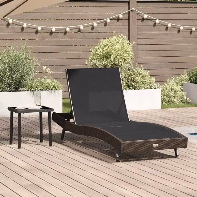 Set di 2 lettini da sole vidaXL in polyrattan nero e marrone con poggiatesta regolabile e vassoio laterale – 1
