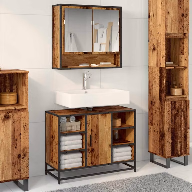 Set di mobili per il bagno vidaXL composto da mobile lavabo e armadietto con specchio in legno e metallo, colore marrone e nero, stile moderno