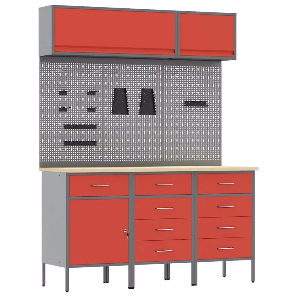 Set di mobili da lavoro vidaXL in acciaio e legno, 8 pezzi, colore rosso – 2