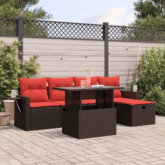 Set Divani da Giardino 6 pz con Cuscini Marrone in Polyrattan 3274974